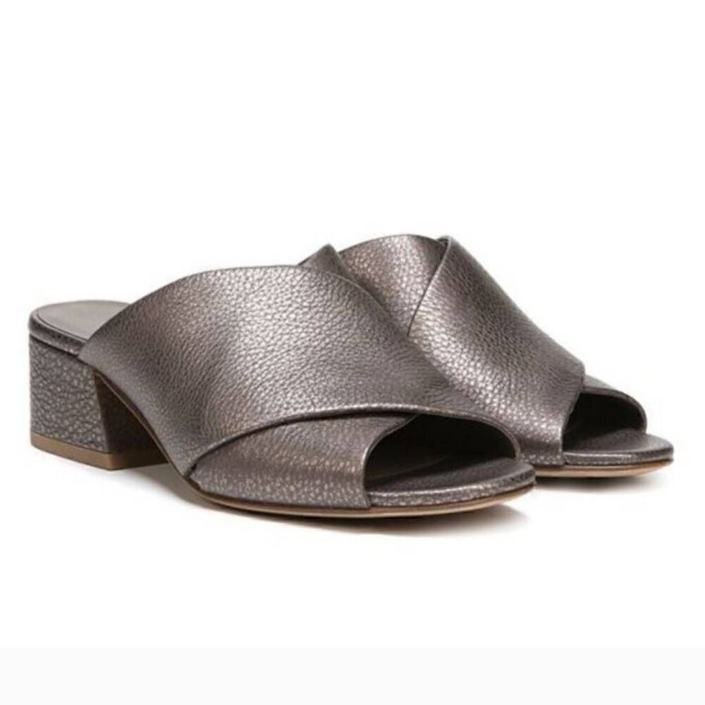 Vince Karsen Round Toe Block Heel Slip On Leather Sandal Metallic Size 11